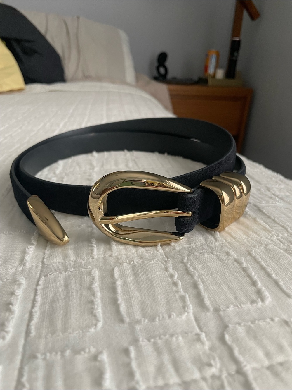 Madewell Triple Metal Keeper Belt in Gold and Black Suede